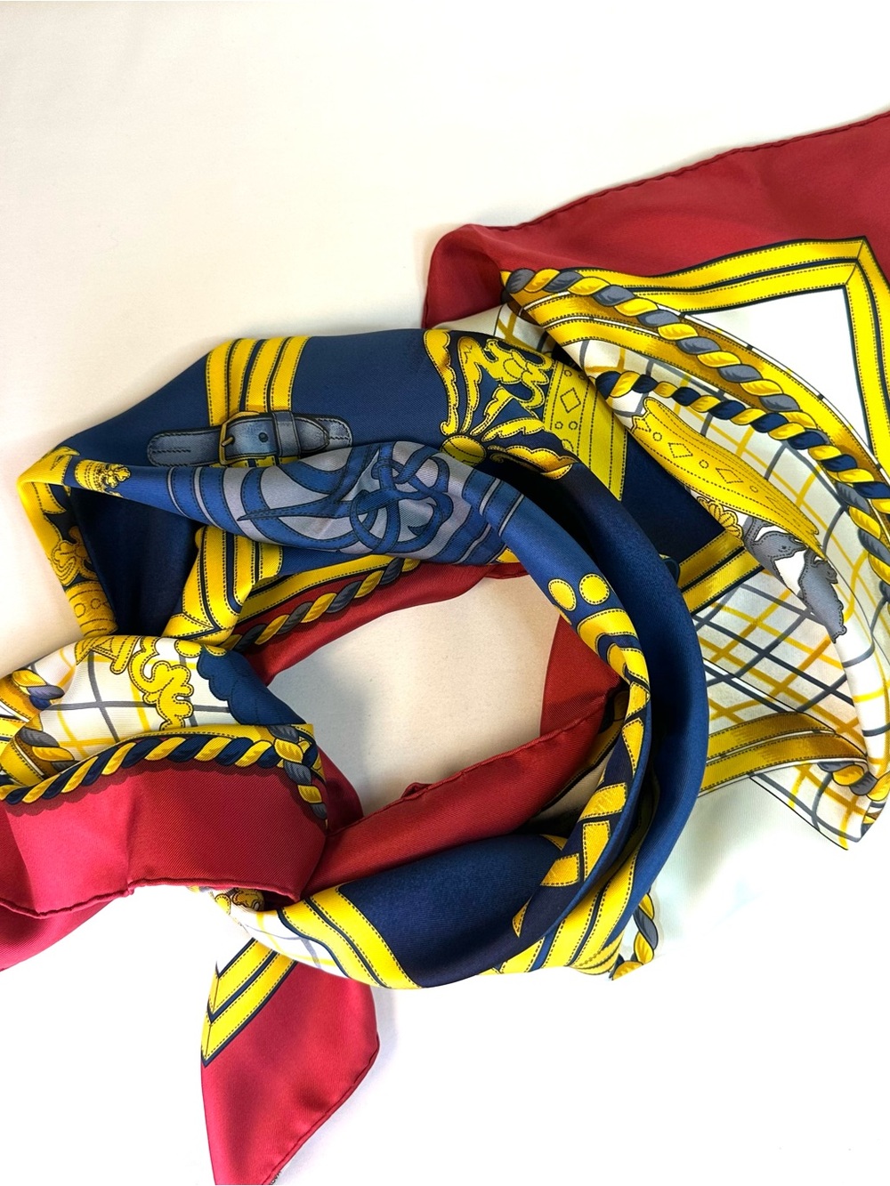 Hermes “Grande Tenue” silk twill scarf by Henri d’Origny Royal Blue & Red France - Picture 10 of 11